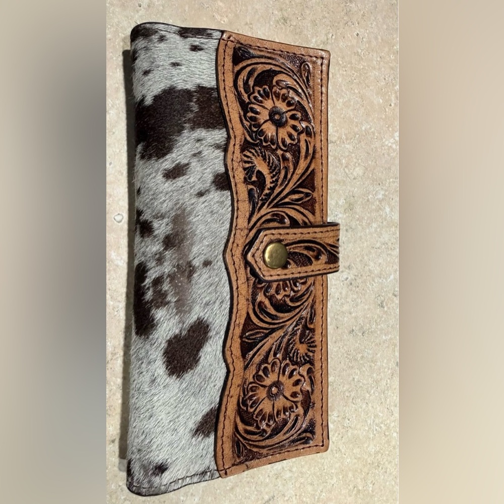Brown and White Floral Leather Wallet
